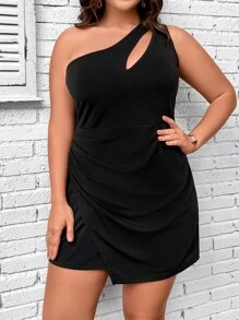 SHEIN Clasi 大碼單肩鏤空褶邊連身短褲 - 黑色 - 查看 5