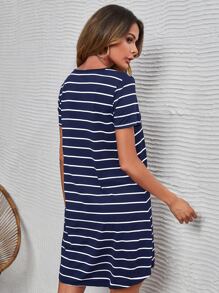 SHEIN LUNE Striped Print Tee Dress - Navy Blue - View 2