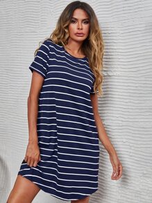 SHEIN LUNE Striped Print Tee Dress - Navy Blue - View 4