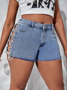 SHEIN SXY Denim Shorts mit seitlichem Band, umgesäumtem Saum