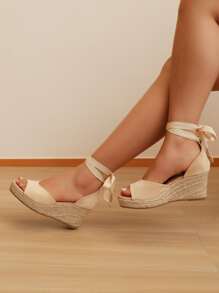 Mujer Sandalias cuña de pierna con cordón tira vacación de serraje falso - Albaricoque - Ver 6