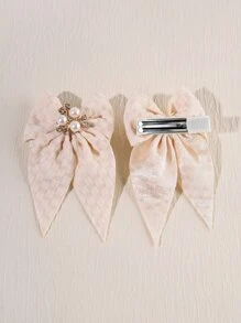 2个珍珠水钻蝴蝶结发夹，可爱俏皮的发饰，适合搭配连衣裙、卫衣等。 - 杏色 - 查看 3