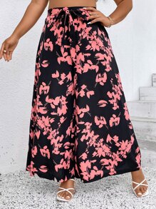SHEIN Holidaya Plus Floral Print Belted Wide Leg Trousers - Multicolor - View 4