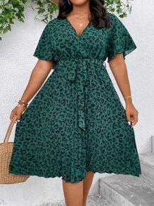 SHEIN Clasi 大碼豹紋印花蝴蝶袖繫腰帶連衣裙 - 墨綠色 - 查看 2