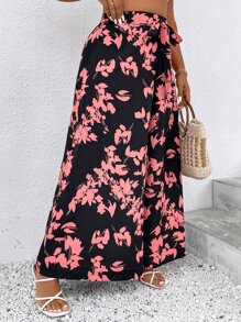 SHEIN Holidaya Plus Floral Print Belted Wide Leg Trousers - Multicolor - View 5