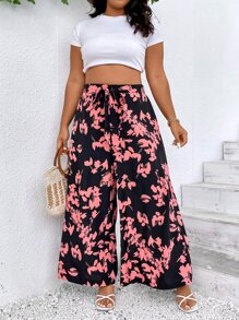 SHEIN Holidaya Plus Floral Print Belted Wide Leg Trousers - Multicolor - View 1