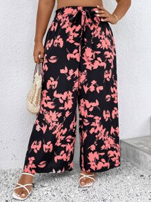 SHEIN Holidaya Plus Floral Print Belted Wide Leg Trousers - Multicolor - View 6