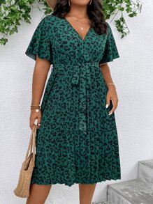 SHEIN Clasi 大碼豹紋印花蝴蝶袖繫腰帶連衣裙 - 墨綠色 - 查看 6