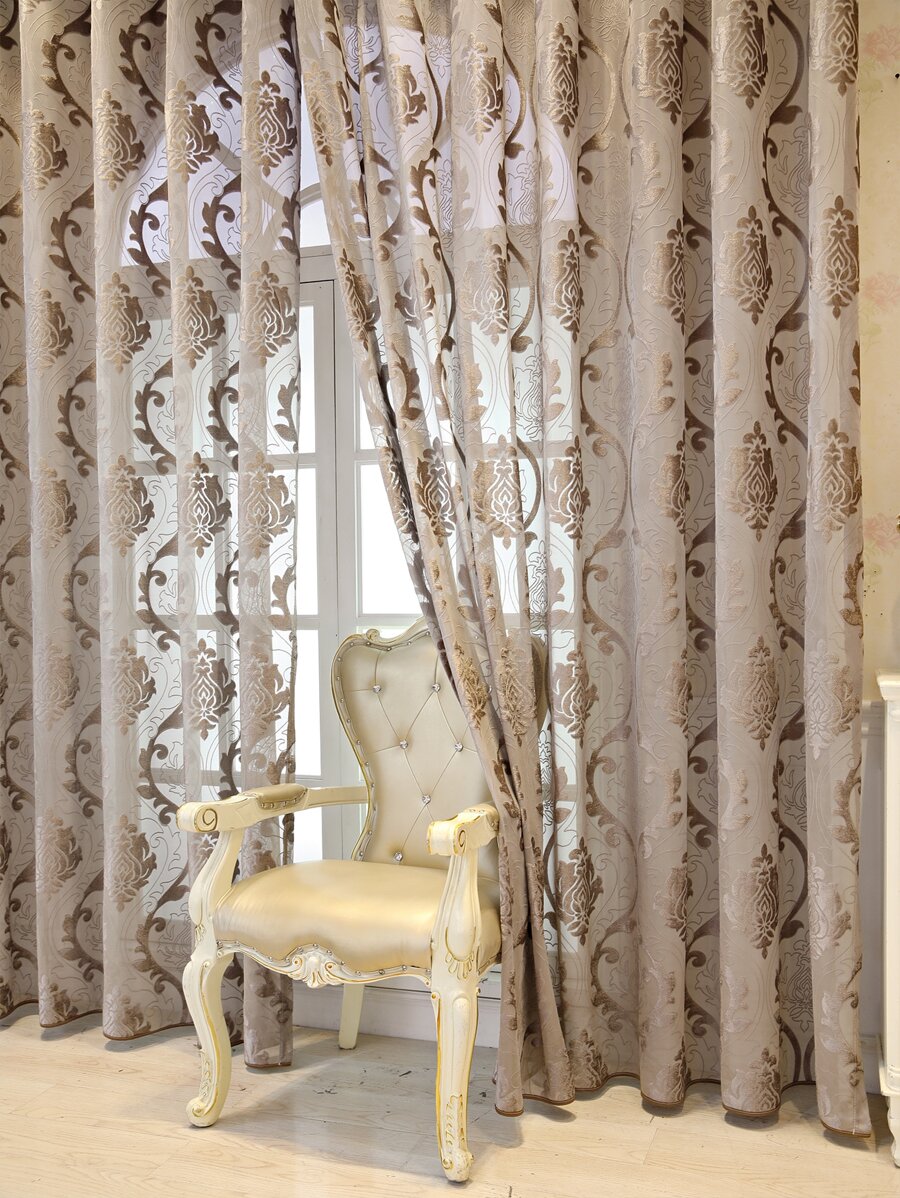 Cortina transparente de privacidad con filtrado de luz con damasco con bordado panel transparente poliéster para casa - Café integral - Ver 1