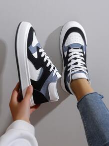 女士撞色高幫前綁帶休閒運動板鞋 - 彩色 - 查看 1