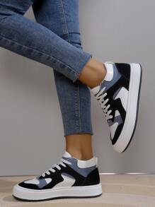 女士撞色高幫前綁帶休閒運動板鞋 - 彩色 - 查看 2