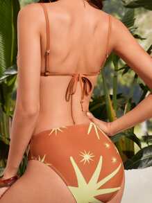 Graphic Print Tie Back Summer Beach Bikini - Brown - View 2