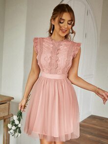 Simplee Women's Solid Color Sleeveless Lace Patchwork Short Dress, Suitable For 4th Of July, Birthday - Dusty Pink - View 4