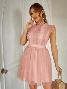 Simplee Women's Solid Color Sleeveless Lace Patchwork Short Dress, Suitable For 4th Of July, Birthday - Dusty Pink - View 7