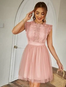 Simplee Women's Solid Color Sleeveless Lace Patchwork Short Dress, Suitable For 4th Of July, Birthday - Dusty Pink - View 6