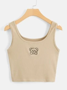 ROMWE Kawaii 卡通熊刺绣罗纹背心，学校 - 卡其色 - 查看 1