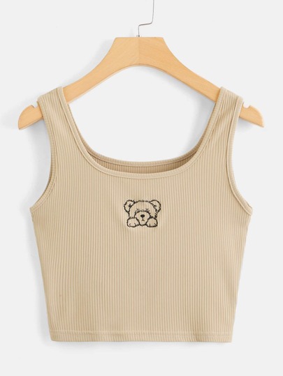 Kawaii Canotta con costine con ricamo di orso cartoni animati, scuola