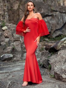 YISIKADO Đầm Tương phản Mesh phân lớp Ruffle phóng đại màu trơn Buổi tiệc - Đỏ - Xem 3