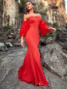 YISIKADO Đầm Tương phản Mesh phân lớp Ruffle phóng đại màu trơn Buổi tiệc - Đỏ - Xem 4