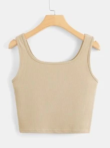 ROMWE Kawaii 卡通熊刺绣罗纹背心，学校 - 卡其色 - 查看 2