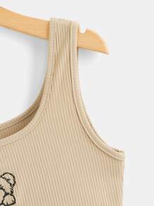 ROMWE Kawaii 卡通熊刺绣罗纹背心，学校 - 卡其色 - 查看 4