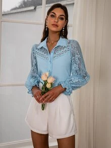 Simplee Contrast Lace Flounce Sleeve Shirt - Baby Blue - View 3