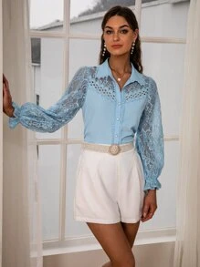 Simplee Contrast Lace Flounce Sleeve Shirt - Baby Blue - View 1