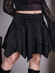 ROMWE Goth Plus Lace Up Front Asymmetrical Hem Skirt - Black - View 5