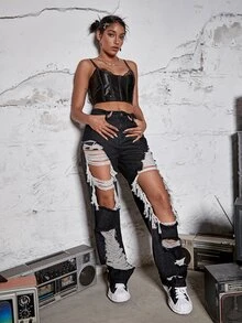 Vaqueros rasgados con pernera recta y bolsillo inclinado - Negro - Ver 3