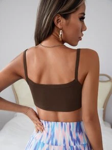 SHEIN PETITE 素色條紋針織吊帶短上衣 - 巧克力棕 - 查看 3