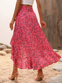 Breezaya Ditsy Floral Print Ruffle Trim Asymmetrical Hem Skirt - Hot Pink - View 3