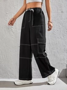 SHEIN PETITE Top-stitching Flap Pocket Side Cargo Trousers - Black - View 1
