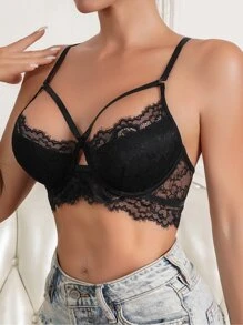 SHEIN Floral Lace Harness Underwire Bra Lingerie - Black - View 3