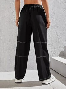 SHEIN PETITE Top-stitching Flap Pocket Side Cargo Trousers - Black - View 2