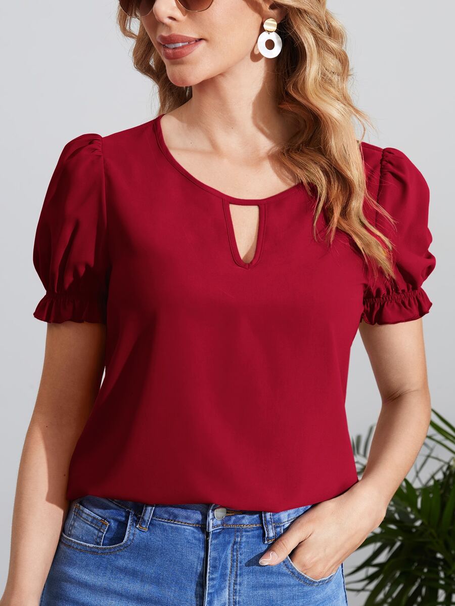 SHEIN Clasi Keyhole Neck Puff Sleeve Blouse,Short Sleeve Tops - Burgundy - View 1