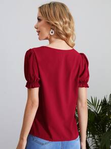 SHEIN Clasi Keyhole Neck Puff Sleeve Blouse,Short Sleeve Tops - Burgundy - View 2