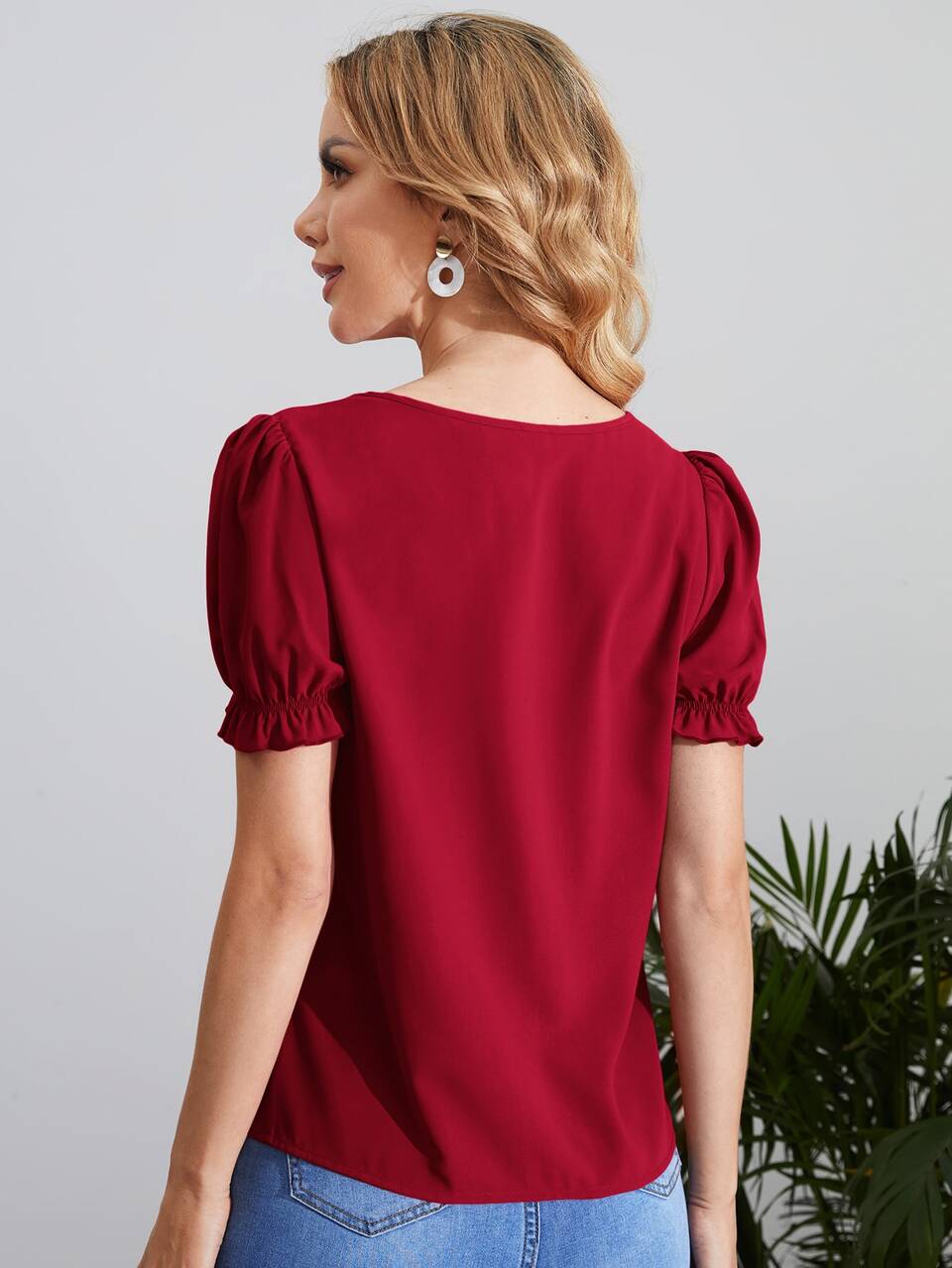 Keyhole Neck Puff Sleeve Blouse,Short Sleeve Tops