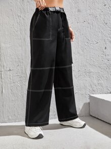 SHEIN PETITE Top-stitching Flap Pocket Side Cargo Trousers - Black - View 4