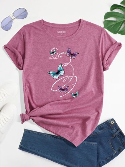 INAWLY Butterfly & Star Print Tee Graphic Tees Women Tops