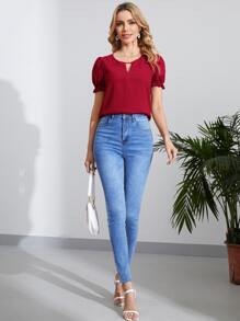 SHEIN Clasi Keyhole Neck Puff Sleeve Blouse,Short Sleeve Tops - Burgundy - View 3