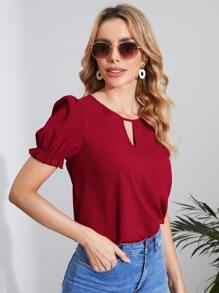 SHEIN Clasi Keyhole Neck Puff Sleeve Blouse,Short Sleeve Tops - Burgundy - View 4