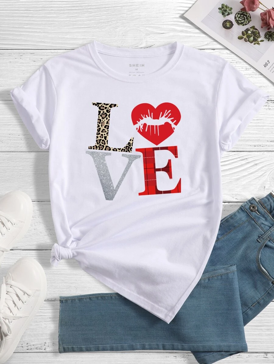 INAWLY 嘴唇和字母图案 T 恤 图案 T 恤 女式上衣 - 白色 - 查看 1