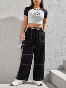 SHEIN PETITE Top-stitching Flap Pocket Side Cargo Trousers - Black - View 6