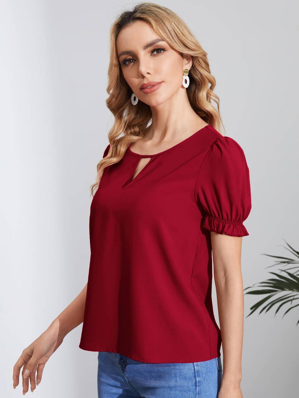 Keyhole Neck Puff Sleeve Blouse,Short Sleeve Tops