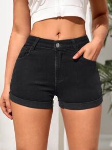 SHEIN Tall Roll Up Hem Denim Shorts - Black - View 1