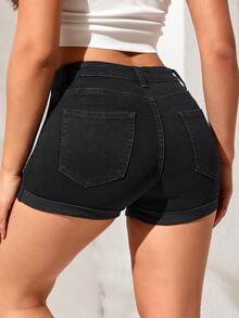 SHEIN Tall Roll Up Hem Denim Shorts - Black - View 2