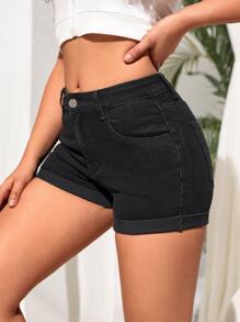 SHEIN Tall Roll Up Hem Denim Shorts - Black - View 3