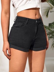 SHEIN Tall Roll Up Hem Denim Shorts - Black - View 4