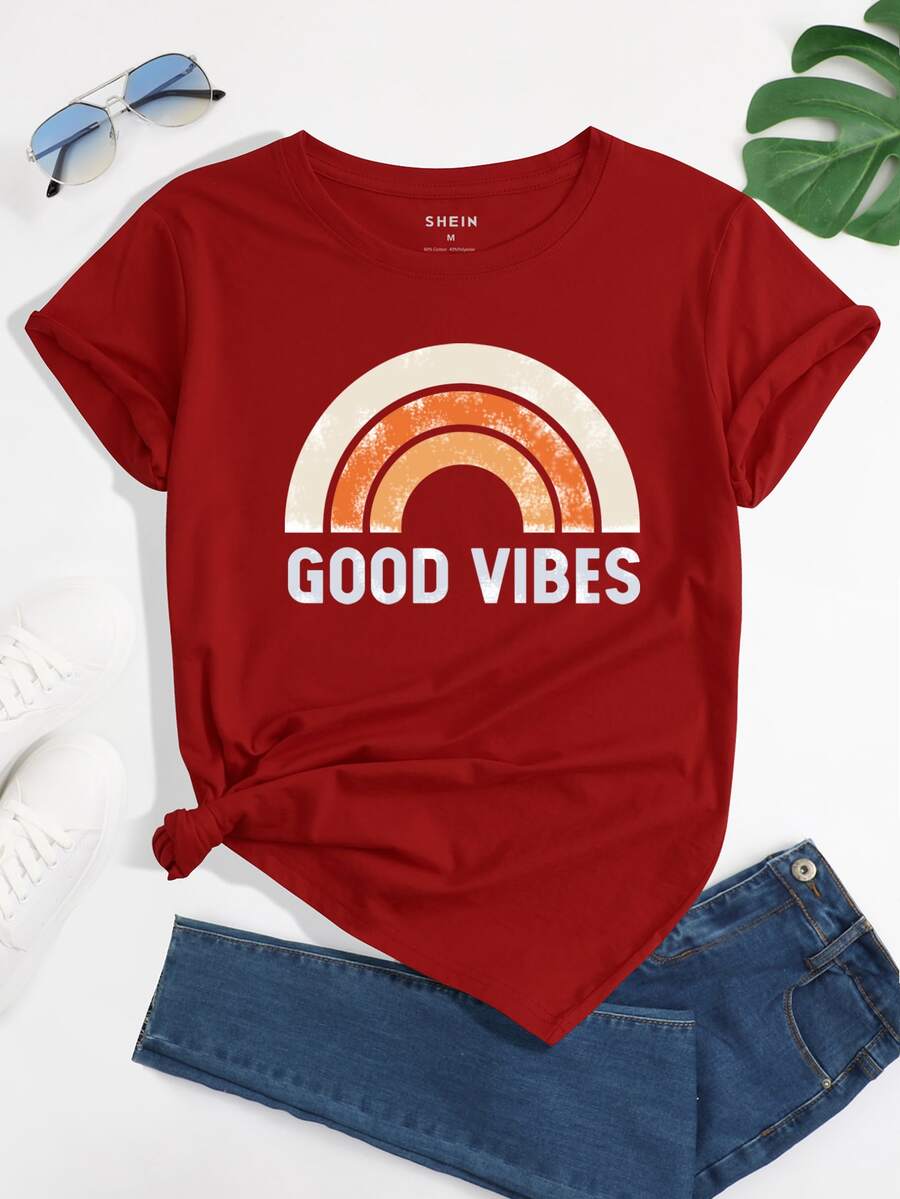 SHEIN LUNE Letter & Graphic Short Sleeve Tee - Burgundy - View 1