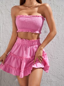 SHEIN PETITE Frill Trim Tube Top & Ruffle Hem Skirt - Pink - View 1